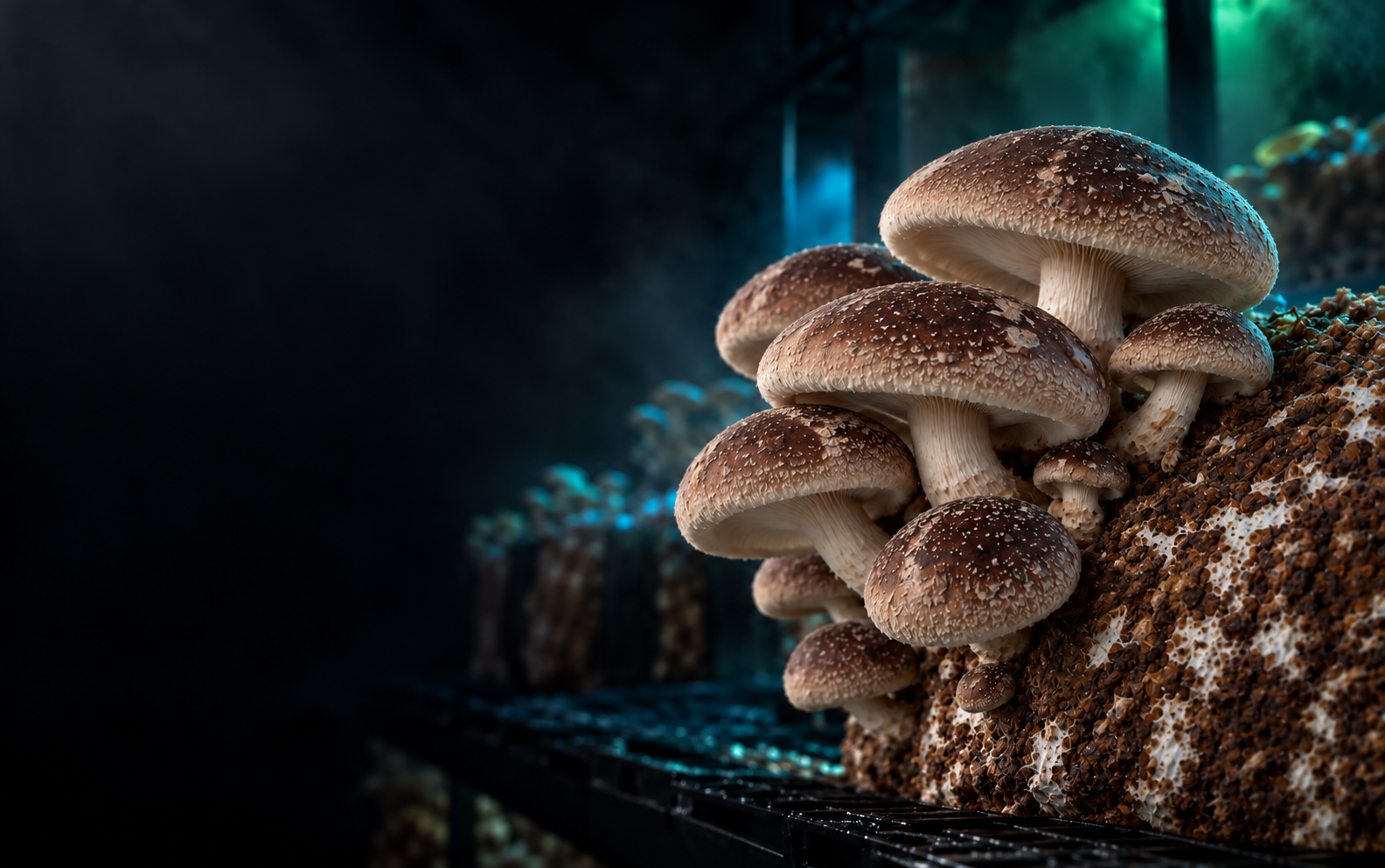Ώριμα μανιτάρια shiitake αναπτύσσονται επάνω σε μπλοκ υποστρώματος καλλιέργειας